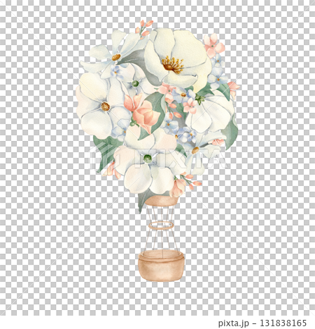 Floral Hot Air Balloons Watercolor Illustration isolated background. Hand painted balloons with white flowers in soft pastel tones. Children's design for nursery wall decor and birthday invitations. 131838165