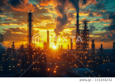 Bright lights and smoke rise from factories as the sun sets behind the industrial skyline, casting an orange glow in the evening sky 131838232