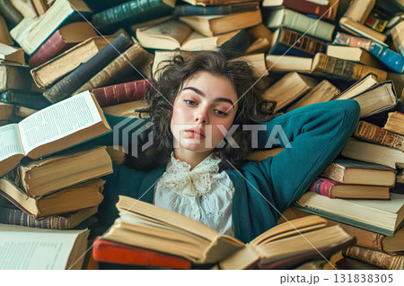 A young woman in a green sweater lies back on a pile of books, absorbed in reading as sunlight filters through the room 131838305