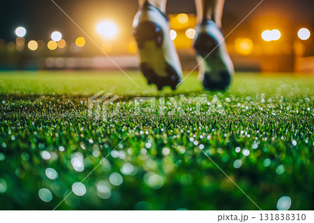 Players participate in an evening training session on artificial turf with bright lights illuminating the field and dew on the grass 131838310
