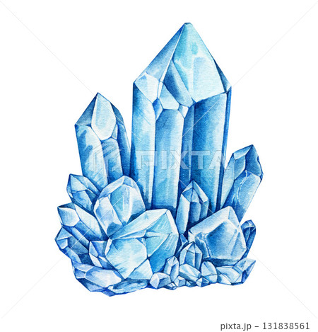 Bright colorful blue crystal mineral cluster watercolor illustration. Hand drawn vibrant shiny gemstone minerals element isolated on white background 131838561