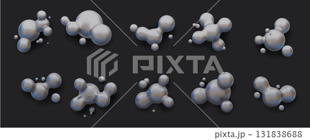 3d vector realistic liquid blobs set in silver metallic colors. Abstract floating spheres colored with chrome holographic effect. Liquid blobs, fluid 3D metaballs. Morphing bubbles on dark background. 3d vector realistic liquid blobs set in silver metallic colors. Abstract floating spheres colored with chrome holographic effect. Liquid blobs, fluid 3D metaballs. Morphing bubbles on dark background. 131838688