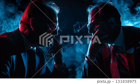 対立するビジネスマンのシルエットと煙の演出 131838975