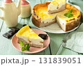 Delicious lemon cheesecake with tea set for dessert presentation. 131839051