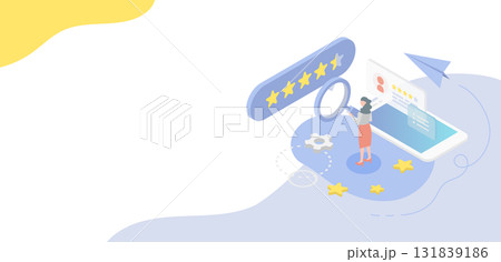 口コミやレビューから顧客満足度を調査・分析する虫眼鏡を持った女性。アイソメトリックなベクタイラスト 口コミやレビューから顧客満足度を調査・分析する虫眼鏡を持った女性。アイソメトリックなベクタイラスト 131839186