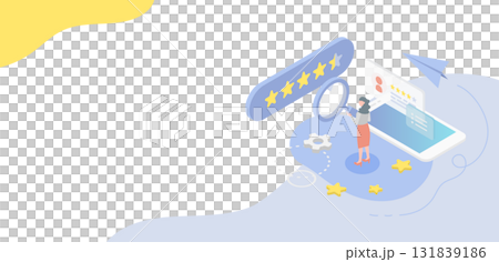 口コミやレビューから顧客満足度を調査・分析する虫眼鏡を持った女性。アイソメトリックなベクタイラスト 口コミやレビューから顧客満足度を調査・分析する虫眼鏡を持った女性。アイソメトリックなベクタイラスト 131839186