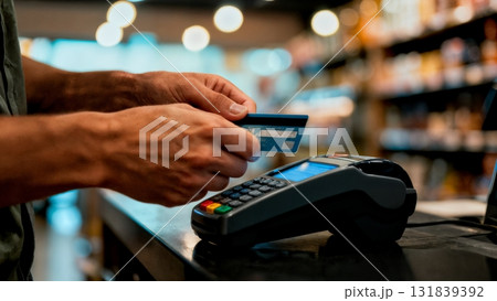 A person's hand with a credit card at a point-of-sale machine. Payment, transaction, finance, money, technology A person's hand with a credit card at a point-of-sale machine. Payment, transaction, finance, money, technology 131839392