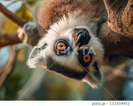A curious lemur hangs upside down on a tree branch, portrait of a playful wild animal in a tropical forest A curious lemur hangs upside down on a tree branch, portrait of a playful wild animal in a tropical forest 131839452