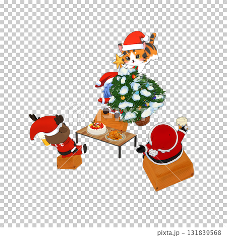 冬末聖誕老人聖誕派對上，一隻小貓撞倒聖誕樹的插圖 131839568