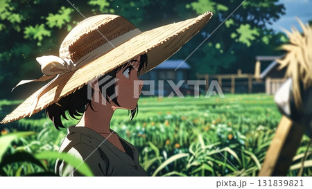 農場で働く麦わら帽子をかぶった女性 131839821