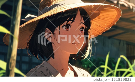 農場で働く麦わら帽子をかぶった女性 農場で働く麦わら帽子をかぶった女性 131839822
