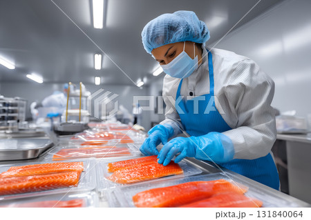 Salmon Fillet Processing Line Worker in PPE 131840064