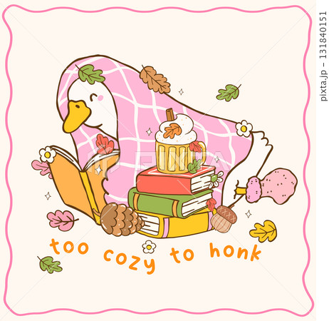 Cute Autumn Bookish Silly Goose Reading Book under Cozy Pink Blanket Cartoon Hand Drawn Illustration Cute Autumn Bookish Silly Goose Reading Book under Cozy Pink Blanket Cartoon Hand Drawn Illustration 131840151