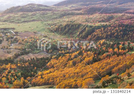 群馬県、長野県境の渋峠から望む朝日に染まる芳ヶ平の紅葉 131840214