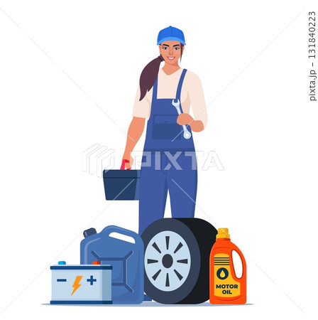 Woman mechanic with a toolbox. Girl character in uniform with wrench in her hand. Auto service accessories composition with tool kit, gasoline canister and battery. Vector illustration. 131840223