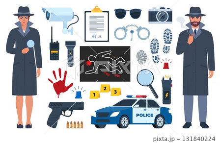 Police detective characters and equipment. Investigation tools. Pistol, handcuffs, flashlight, palm print, body outline, shoe marks, police tape, sunglasses, hat, newspaper, magnifying glass. Vector. 131840224