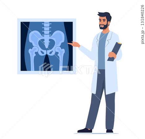 Doctor presenting human xray shot, gives a training lecture about anatomy. XRay of hip joint pelvis human bones. Medical seminar, lecture. Vector illustration. 131840226