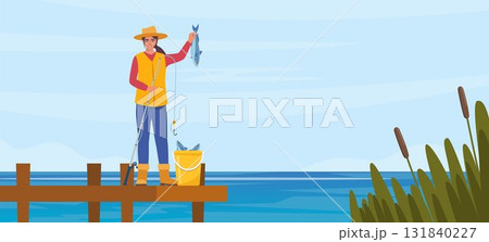 Woman fishing. Fisherman girl with fishing rod and fish. Female in vest and hat catching a fish. Outdoor recreation, leisure time. Vector illustration. 131840227