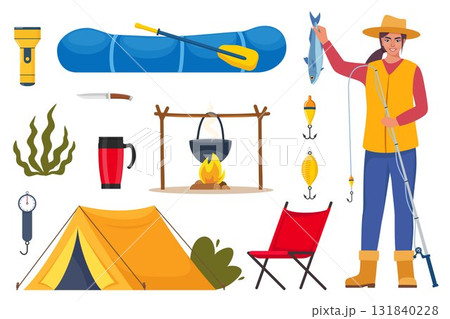 Woman fishing and Equipment for fishing. Fishing rod, float, inflatable rubber boat, landing net, fishers clothes, hook, fish, hat, flashlight, boots. Outdoor activity, recreation, hobby. Vector. 131840228