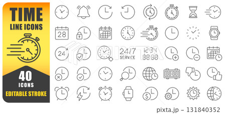 Time Line Icon Set. A Collection Of 40 Editable Stroke Thin Line Icons Representing Clocks, Watches, Timers, Calendars, And Schedules. Perfect For Time Management, 24 7 Service. Isolated Vector. 131840352