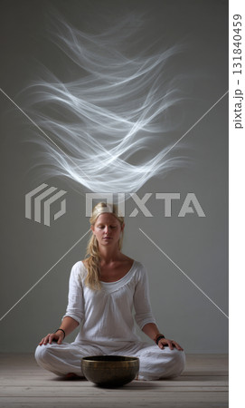 A person practices sound therapy meditation in a peaceful environment, surrounded by waves of calming sound vibrations. The atmosphere enhances relaxation and mindfulness A person practices sound therapy meditation in a peaceful environment, surrounded by waves of calming sound vibrations. The atmosphere enhances relaxation and mindfulness 131840459