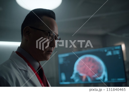 A doctor in a white coat and glasses examines digital diagnostic images in a dimly lit hospital room, concentrating on the details displayed on the screen A doctor in a white coat and glasses examines digital diagnostic images in a dimly lit hospital room, concentrating on the details displayed on the screen 131840465
