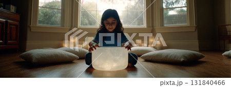 A young girl participates in sound therapy, using a mallet on a crystal bowl while surrounded by softly glowing candles in a peaceful indoor space, banner A young girl participates in sound therapy, using a mallet on a crystal bowl while surrounded by softly glowing candles in a peaceful indoor space, banner 131840466