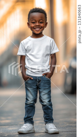 Cheerful Afro-American kid in casual white t-shirt and jeans poses confidently against a gray backdrop, ideal for stylish and minimalistic mock-ups 131840663