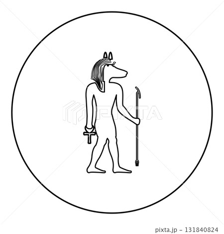 Anubis deity with jackal head ancient Egyptian god holds staff and anch cross silhouette mythical icon in circle round black color vector illustration image outline contour line thin style 131840824