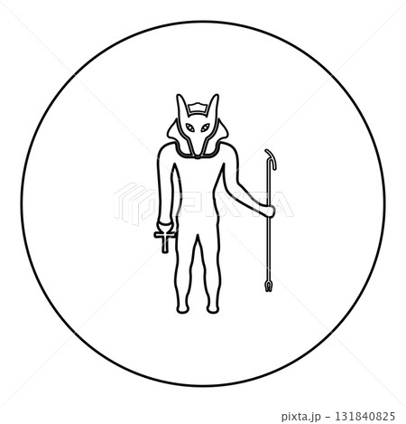 Anubis deity with jackal head ancient Egyptian god holds staff and anch cross silhouette mythical icon in circle round black color vector illustration image outline contour line thin style 131840825