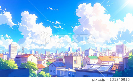 アニメ風 背景画|真夏の青空と下町の街並み アニメ風 背景画|真夏の青空と下町の街並み 131840936