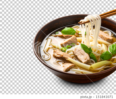Vietnamese pho beef noodle soup with chopsticks lifting noodles Vietnamese pho beef noodle soup with chopsticks lifting noodles 131841071