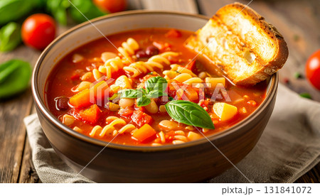 Minestrone soup bowl with vegetables and pasta 131841072