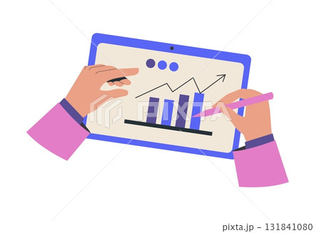 Money chart. Financial infographic. User hands holding stylus. Business startup growth diagram. Investment success. Businessman arms. Mobile display. Digital tablet screen top view. Vector concept Money chart. Financial infographic. User hands holding stylus. Business startup growth diagram. Investment success. Businessman arms. Mobile display. Digital tablet screen top view. Vector concept 131841080