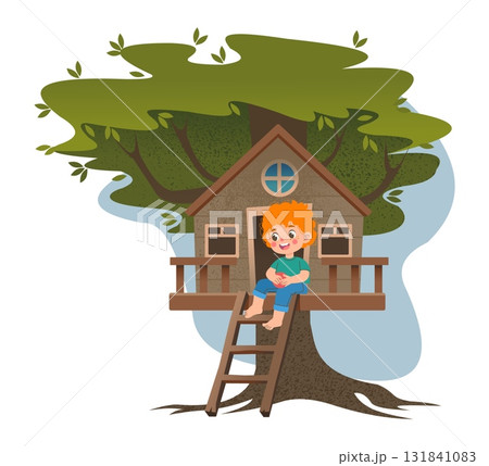 Children tree house. Cozy building on forest wood branch. Small camp home at wood. Kid playing in playground hut. Childhood joy. Happy kindergarten boy. Treehouse shelter. Outdoor game. Vector concept Children tree house. Cozy building on forest wood branch. Small camp home at wood. Kid playing in playground hut. Childhood joy. Happy kindergarten boy. Treehouse shelter. Outdoor game. Vector concept 131841083