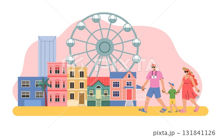 Amusement park. City building landscape. Family leisure time. Ferris wheel and happy visitors. Architectural minimal panorama, skyscraper composition. Vector cartoon flat style isolated illustration 131841126