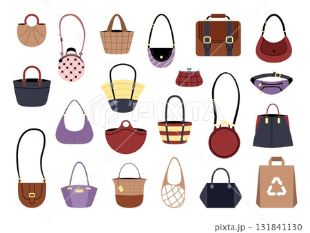 Bag set. Different textile handbag, pocket, and leather briefcase. Fashion woman clutch. lady luxury accessories, modern and vintage elegant shopper. Vector cartoon flat style isolated illustration 131841130