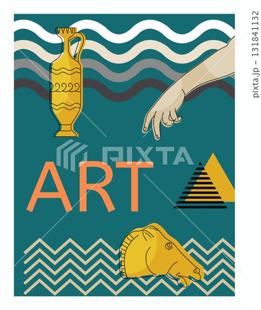 Art poster. Ancient vase and statue. Doodle geometric shape. Curve simple form. Antique sculpture. Horse head. Woman hand. Contemporary collage. Museum exhibition. Vector creative minimalistic banner Art poster. Ancient vase and statue. Doodle geometric shape. Curve simple form. Antique sculpture. Horse head. Woman hand. Contemporary collage. Museum exhibition. Vector creative minimalistic banner 131841132
