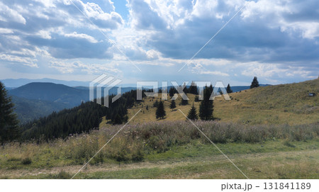 Lush green valley and mountains dominating the landscape under blue sky 131841189