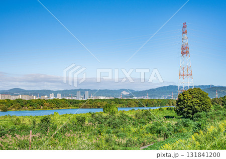 淀川河川敷に立つ送電線鉄塔　枚方市 131841200