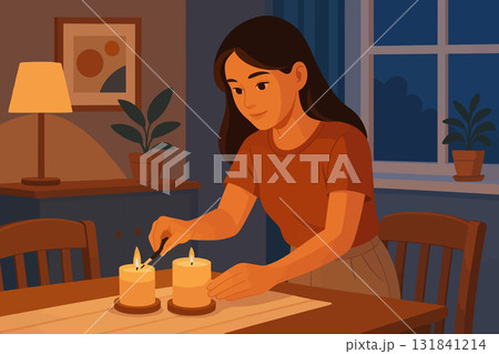 Young woman lighting candles at home in the evening 131841214