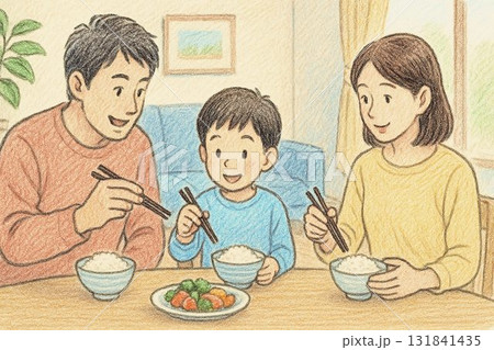 食卓で箸の使い方を子供に教える父母と子供 食卓で箸の使い方を子供に教える父母と子供 131841435