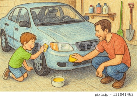 父と息子のカーケア ガレージでワックスがけをする親子 131841462