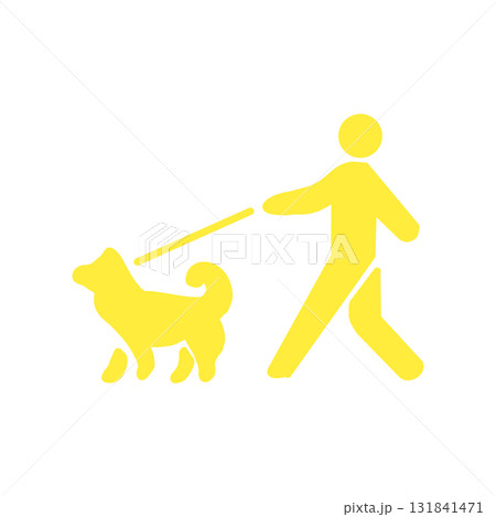 リードを付けて犬の散歩をする人のイエローピクトグラムアイコン リードを付けて犬の散歩をする人のイエローピクトグラムアイコン 131841471