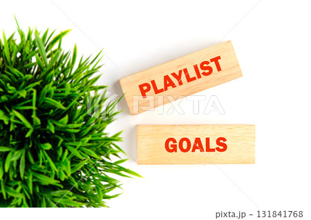 Wooden blocks with the words PLAYLIST and GOALS are positioned near a green plant. They lie on a white backdrop in bright light, inviting focus on musical ambition 131841768