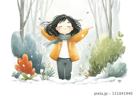 若い女性と雪の光の舞を示す構成 131841940
