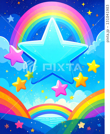 カラフルな大きな星とポップで可愛い夢のような空 131841983