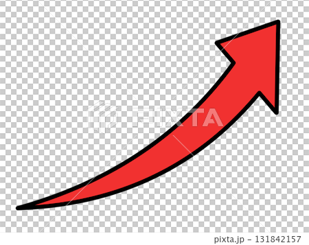上昇する赤いカーブした矢印のイラスト　黒い輪郭線あり 131842157