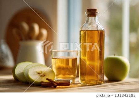 Fermented apple cider drink in a glass and bottle 131842183