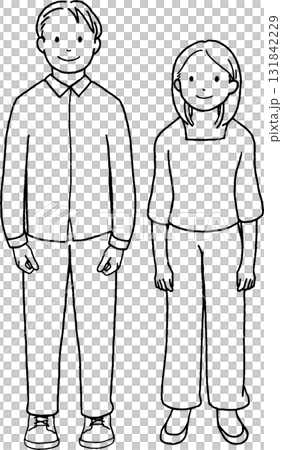 若い男女のカップルのイラスト。線画。 131842229